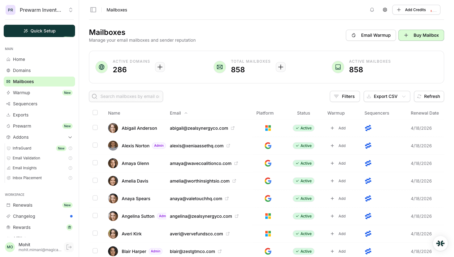 InboxKit Mailboxes ready to export to Reply.io